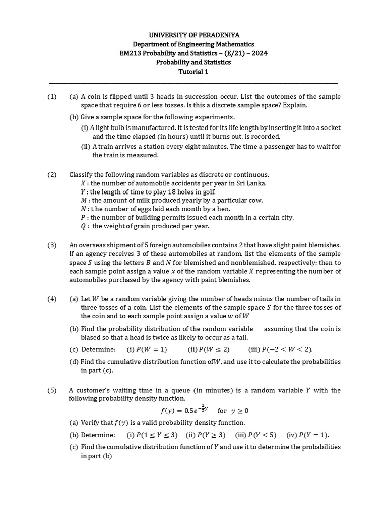Tutorial 1 2024 Pdf Probability Distribution Random Variable
