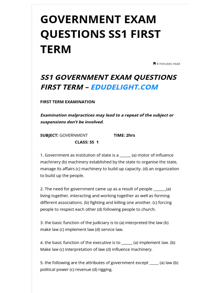 Ss1 Government Exam Questions First Term | PDF | Socialism | Fascism