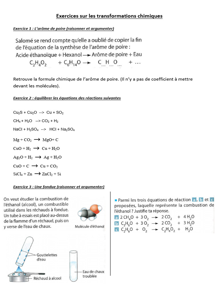 Exercices sur les transformations chimiques | PDF