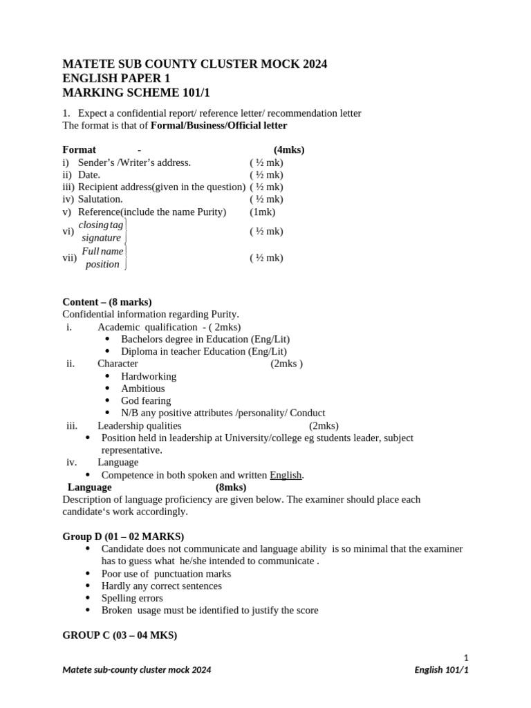 KCSE 2024 English Paper 1 Marking Scheme | PDF | English Language ...
