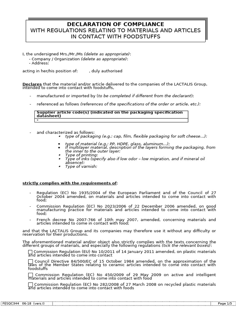 Food Contact Material Compliance Declaration | PDF | Freezing | Temperature