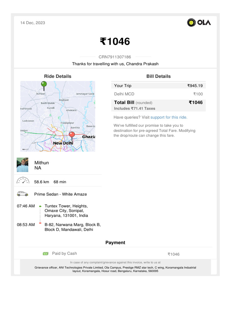 Ola Ride Invoice for Chandra Prakash | PDF | Invoice | Payments