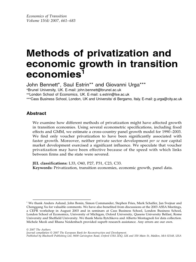 Bennett, Estrin and Urga (2007) Methods of Privatization and Economic ...