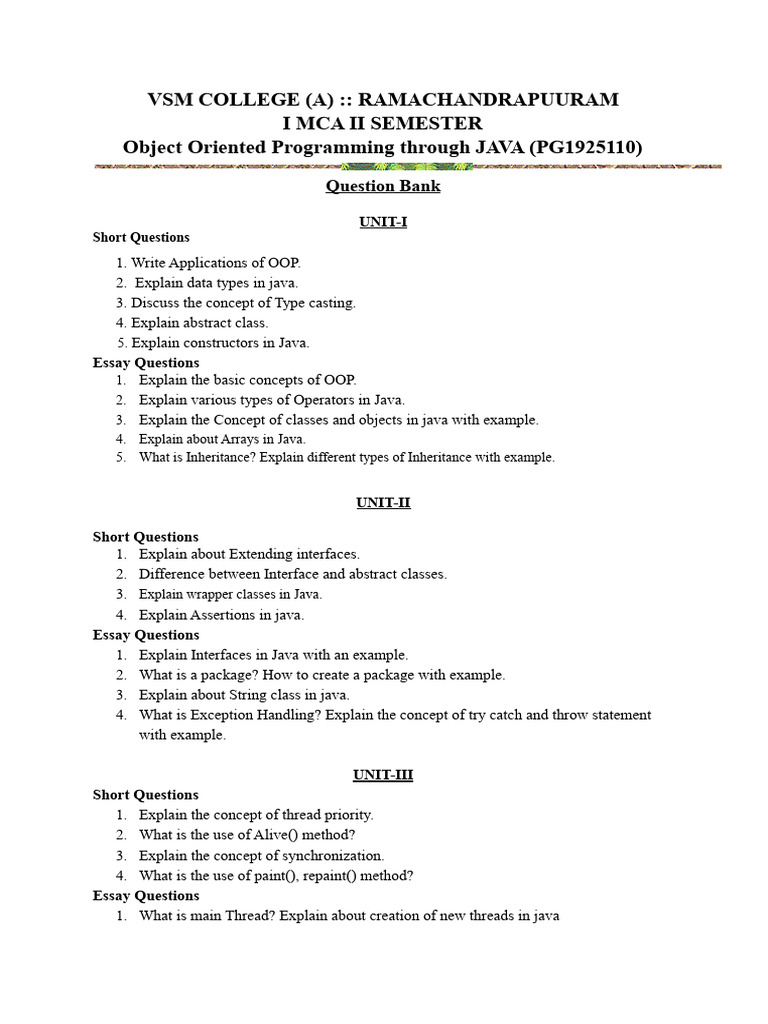 Object Oriented Programming through JAVA Question bank.docx | PDF