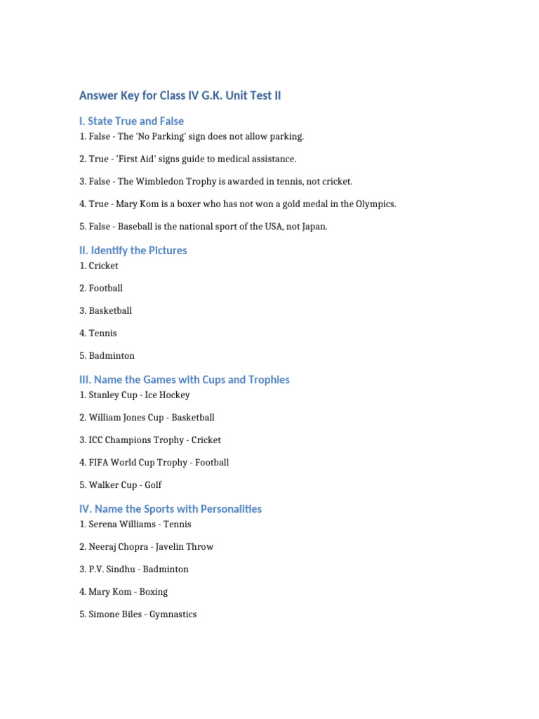 Class IV G.K. Unit Test II Answer Key | PDF