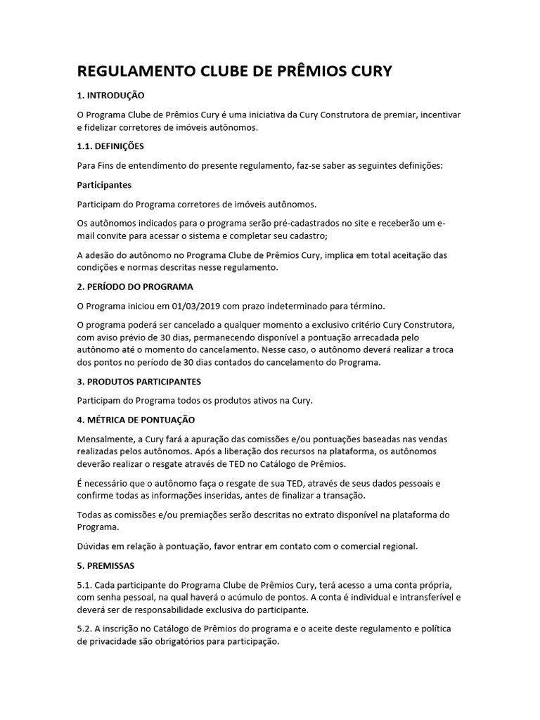 Regulamento do Clube de Prêmios Cury | PDF