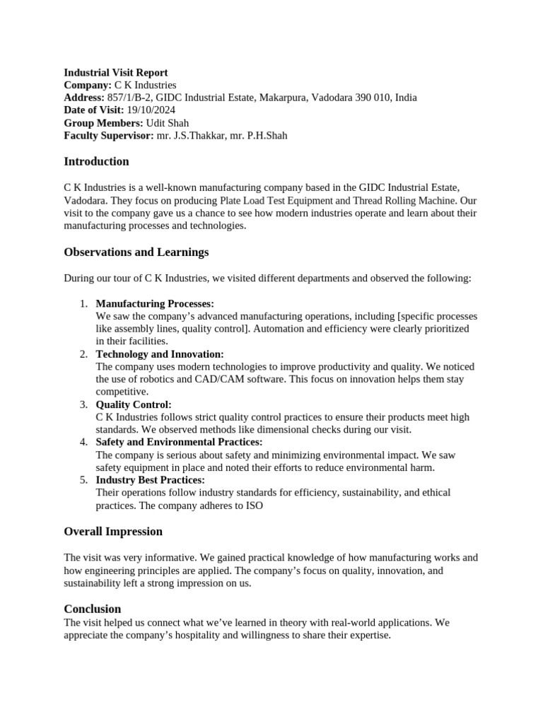 Engineering Students Industry Visit Pdf