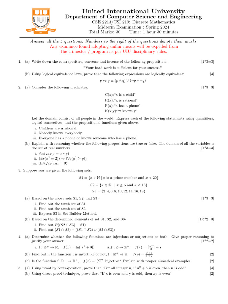 Discrete Mathematics Midterm Exam 2024 | PDF | Syntax (Logic ...