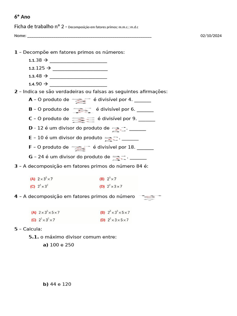 Decomposição em Fatores Primos 6º Ano | PDF | Matemática | Teoria dos ...