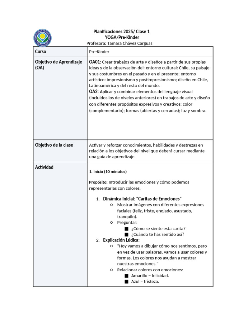 Planificacion Clase 1 Pre-Kinder | PDF | Las emociones