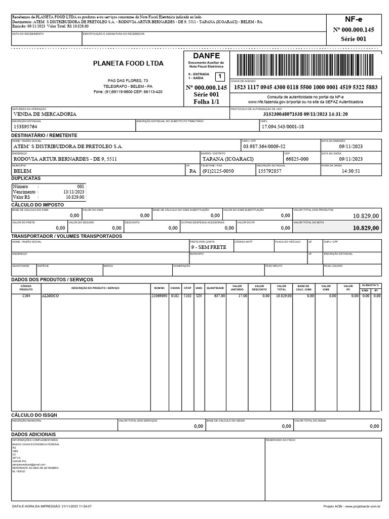 Nota Fiscal Eletrônica - PLANETA FOOD LTDA | PDF | Recibo