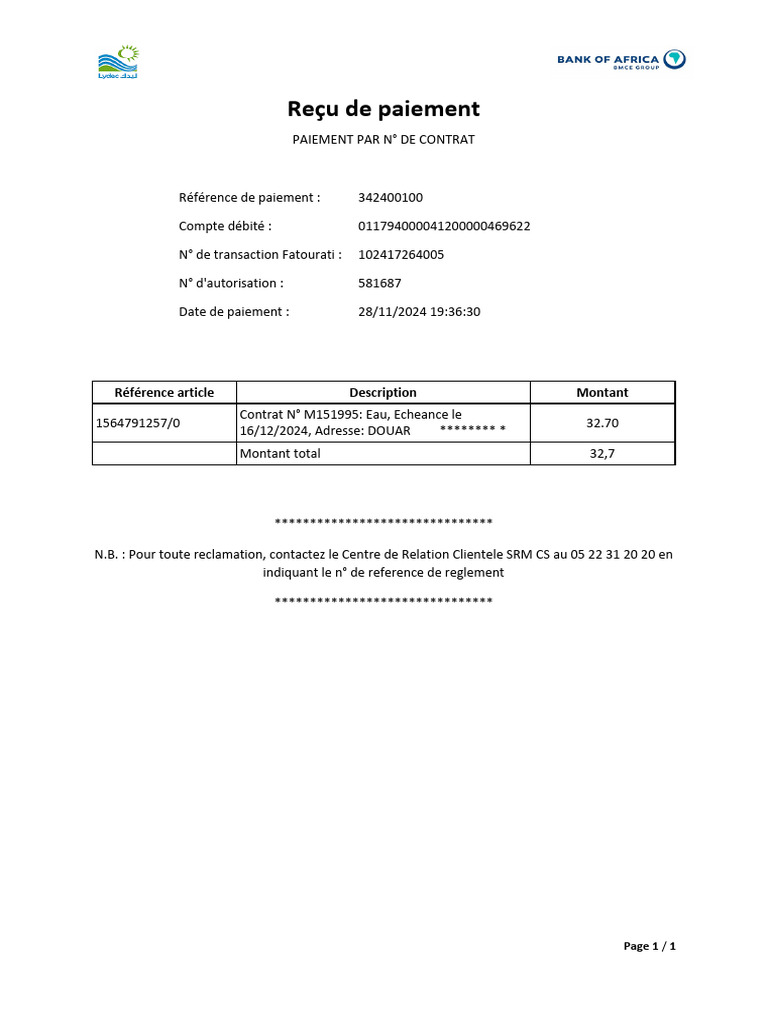 Paiement Fatourati - Contrat M151995 | PDF