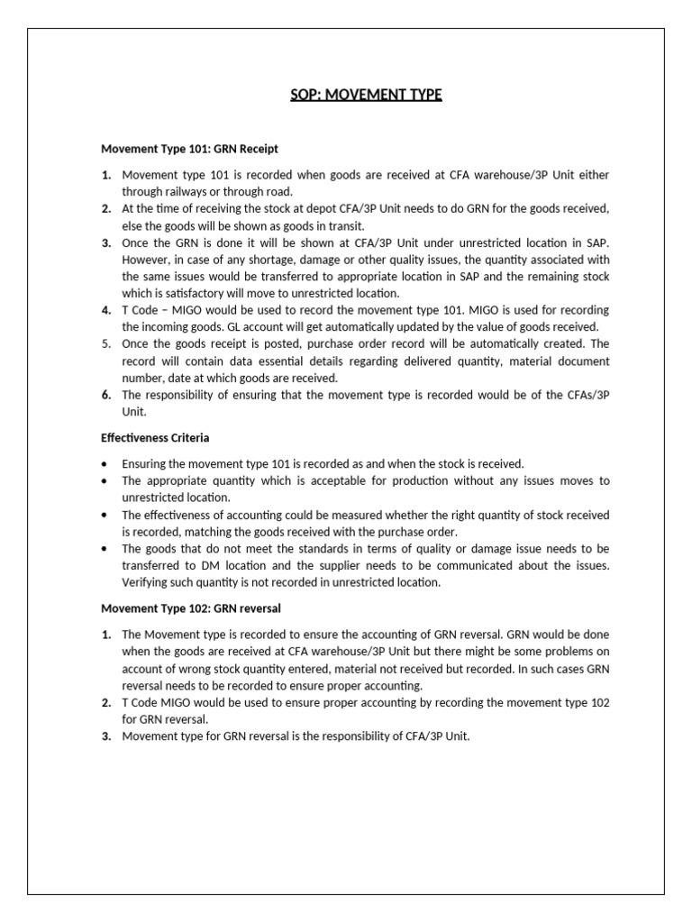 Sop movement type pdf inventory packaging and labeling