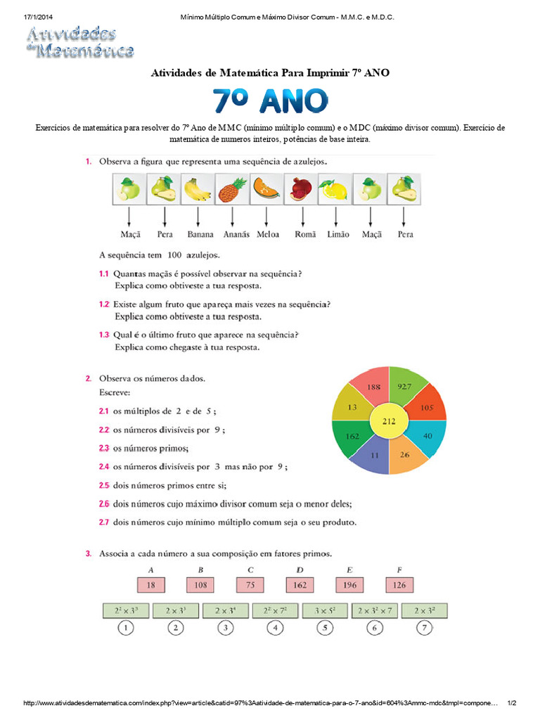 Mínimo Múltiplo Comum e Máximo Divisor Comum - M.M.C. e M.D.C 7 ano | PDF