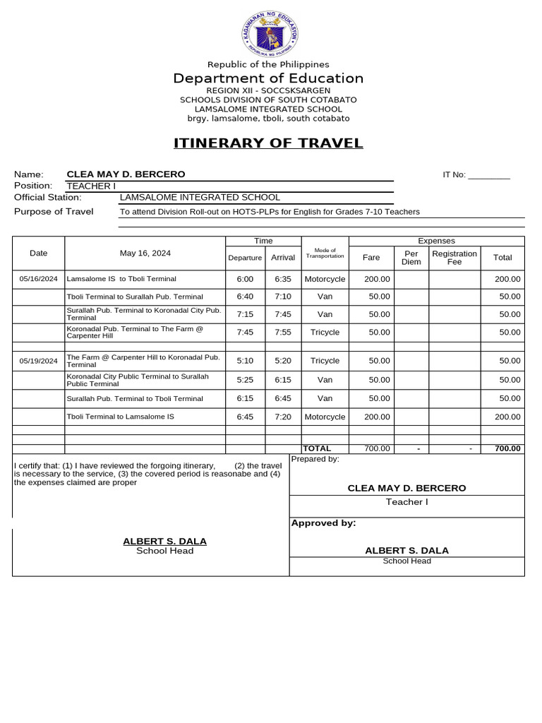 Travel Itineraries for Teachers in South Cotabato | PDF | Philippines