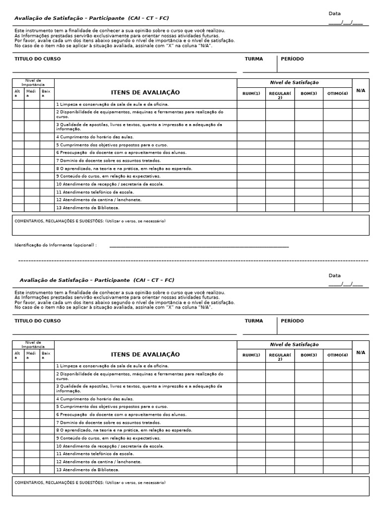 Avaliação De Satisfação Do Curso Pdf Lição