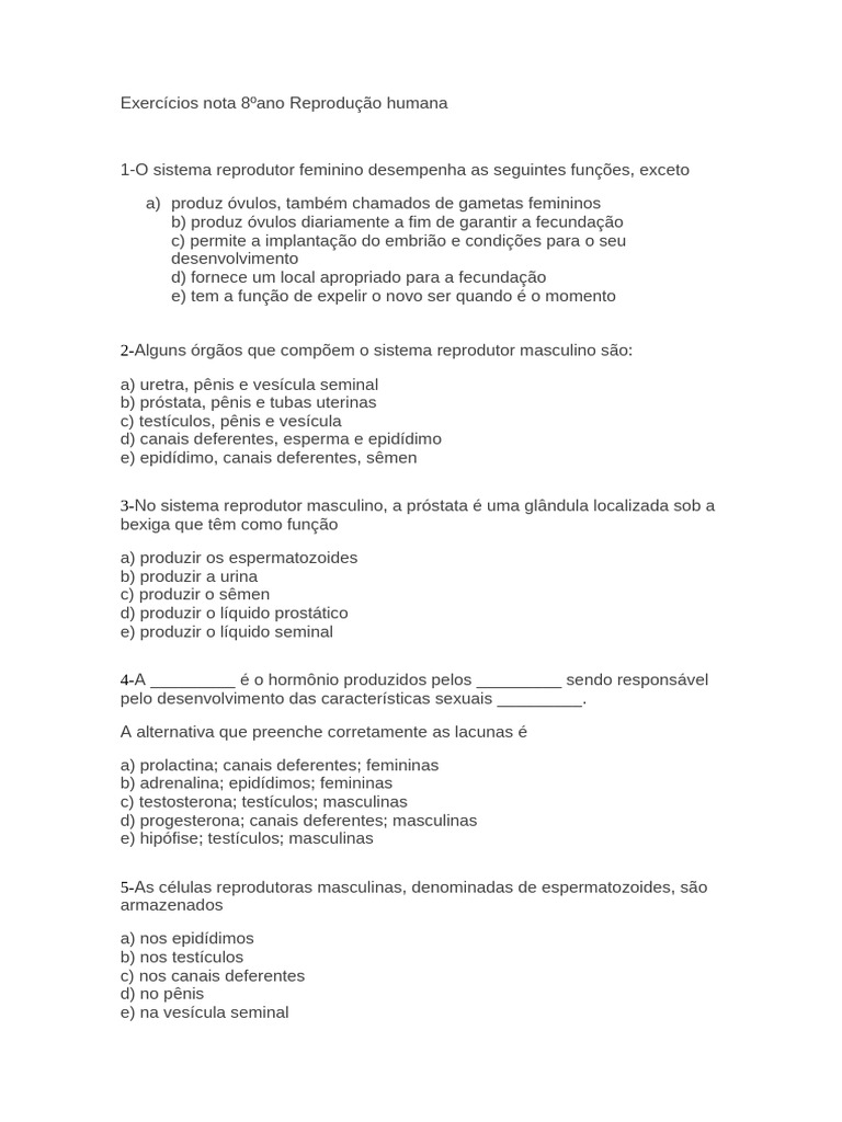 Exercícios sobre Reprodução Humana 8º Ano | PDF | Sistema reprodutivo ...