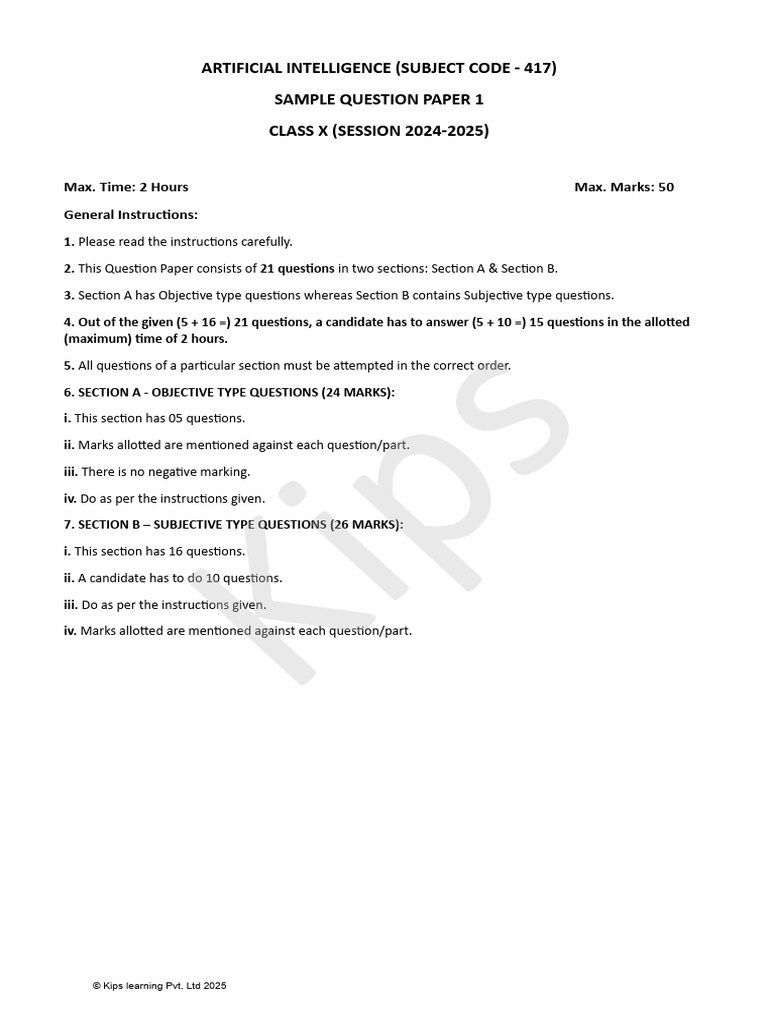 Class 10 AI Sample Question Paper 2024 | PDF | Artificial Intelligence ...