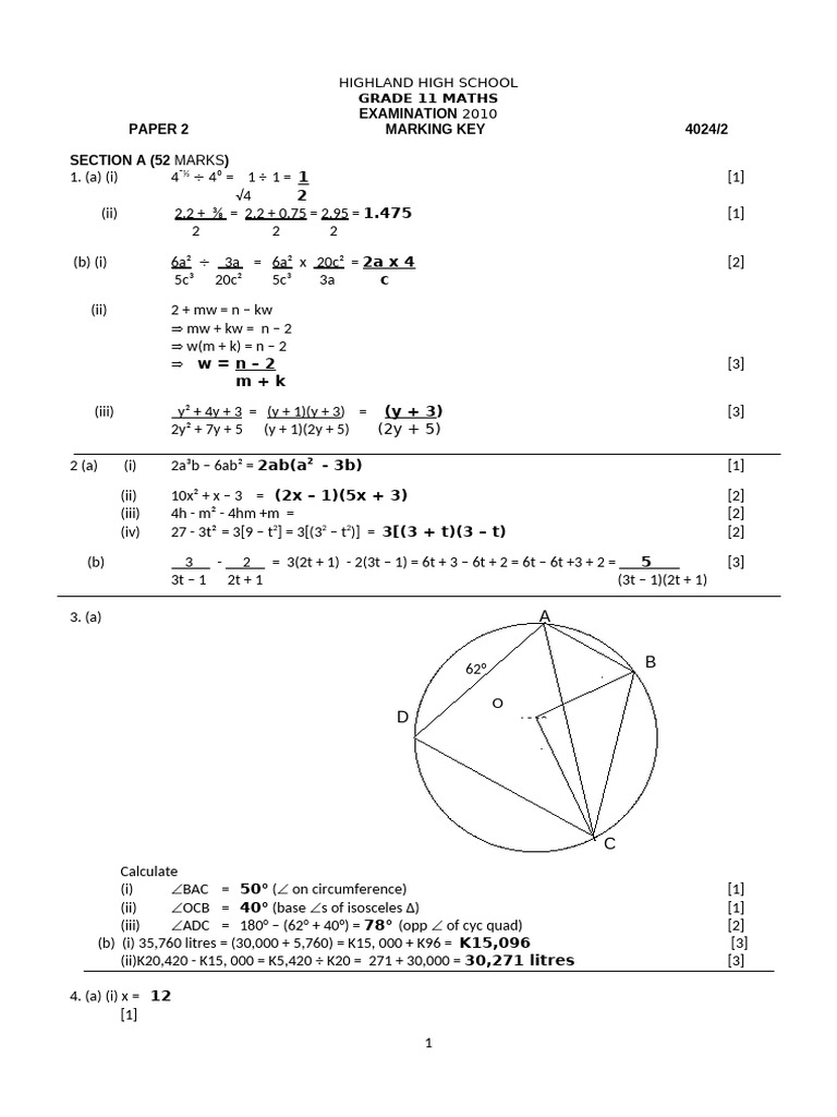 2010 Grade 11 Maths Exam Marking Key | PDF | Cartesian Coordinate ...