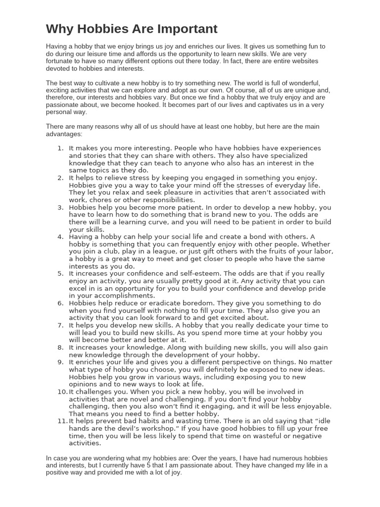 Why Hobbies Are Important | PDF | Hobbies