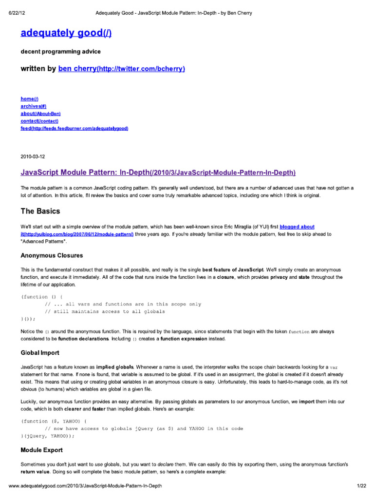 Adequately Good - JavaScript Module Pattern_ In-Depth - by Ben Cherry | PDF