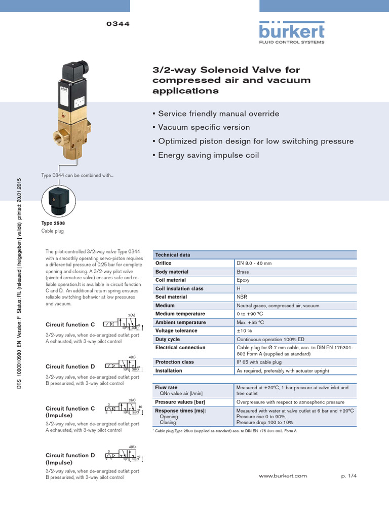 3/2-Way Solenoid Valve Type 0344 | PDF | Valve | Inductor