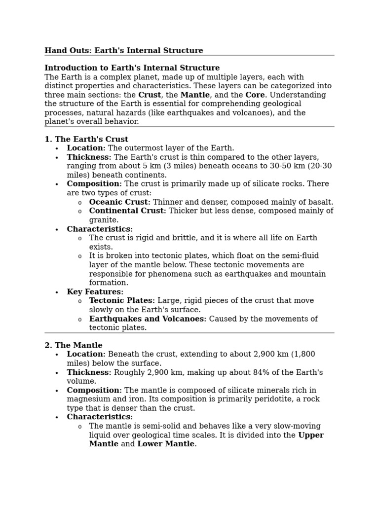 Hand-Outs-Earths-Internal-Structure | PDF | Crust (Geology) | Earth