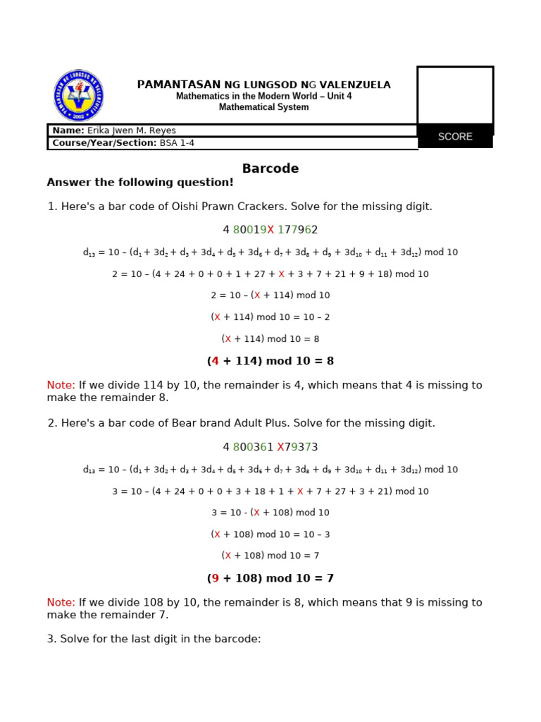 MMW - Lesson 4.2 - Mathematical System (Barcode) | PDF