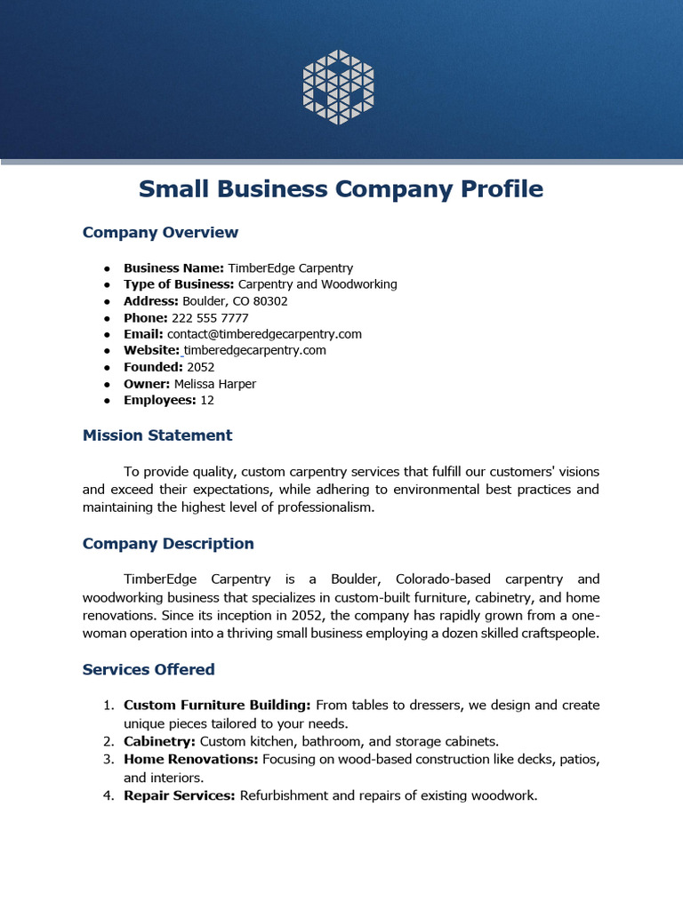Small Business Profile: TimberEdge Carpentry | PDF | Cabinetry | Carpentry