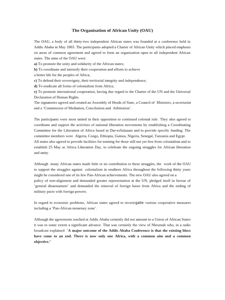 The Organisation Of African Unity Pdf Pan Africanism Political
