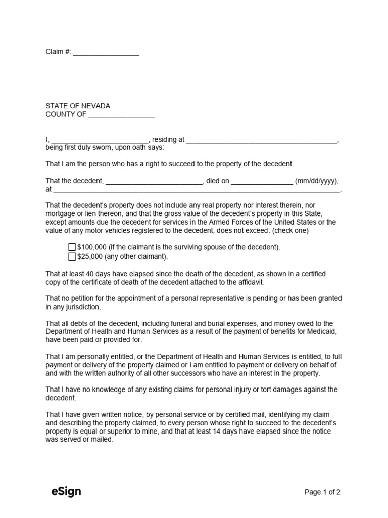 Nevada Small Estate Affidavit Form | PDF | Affidavit | Common Law