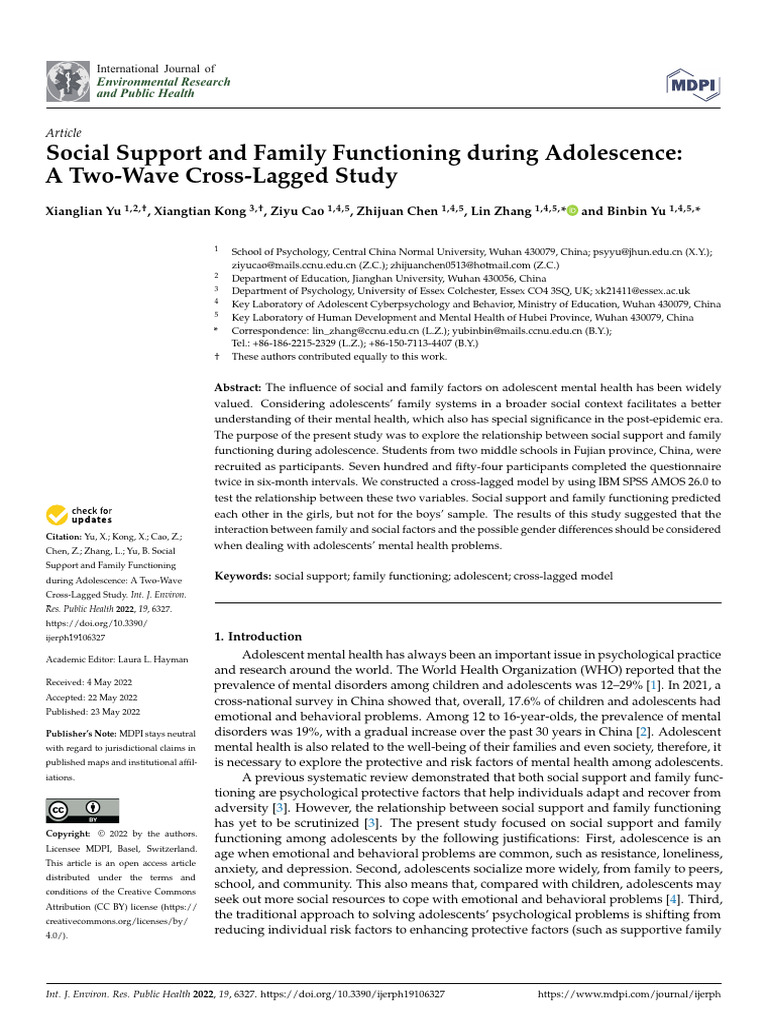 YU, 2022 - Social Support and Family Functioning During Adolescence ...