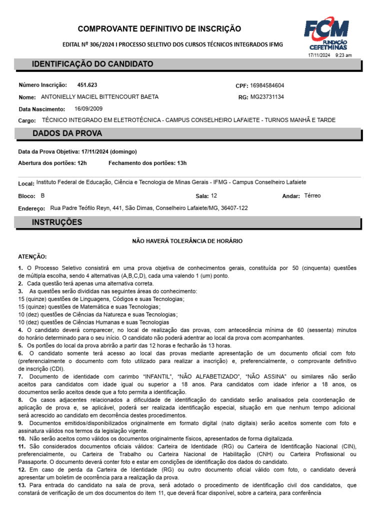 Prova IFMG 2024: Comprovante de Inscrição | PDF