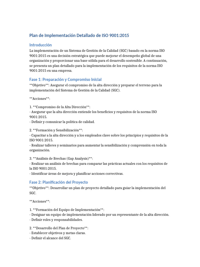Plan Implementacion ISO 9001 2015 | PDF | Auditoría | Sistema de manejo ...