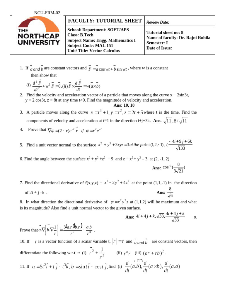 Tutorial Sheet 8 | PDF | Acceleration | Euclidean Vector