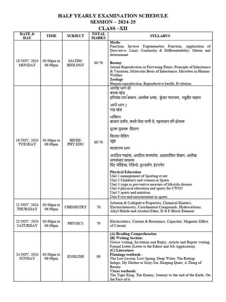  half yearly syllabus time table class xii 1 pdf