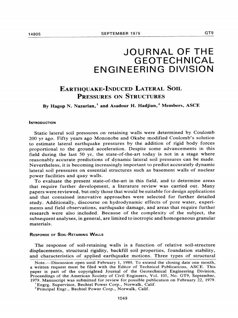 Nazarian 1979 Earthquake Induced Lateral Soil Pressures On Structures ...
