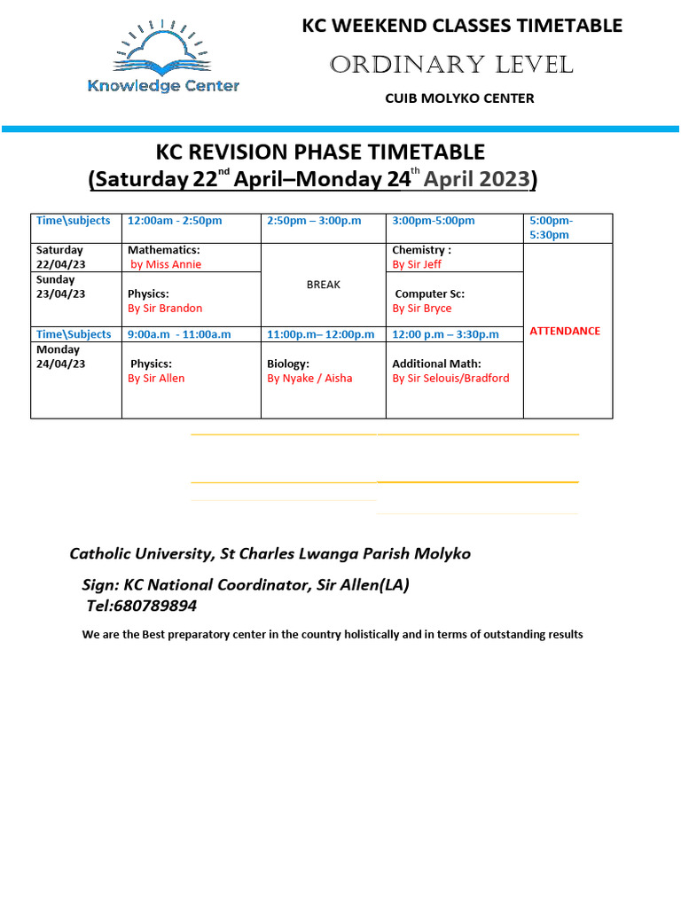 KC Weekend Classes Timetable 2023 | PDF