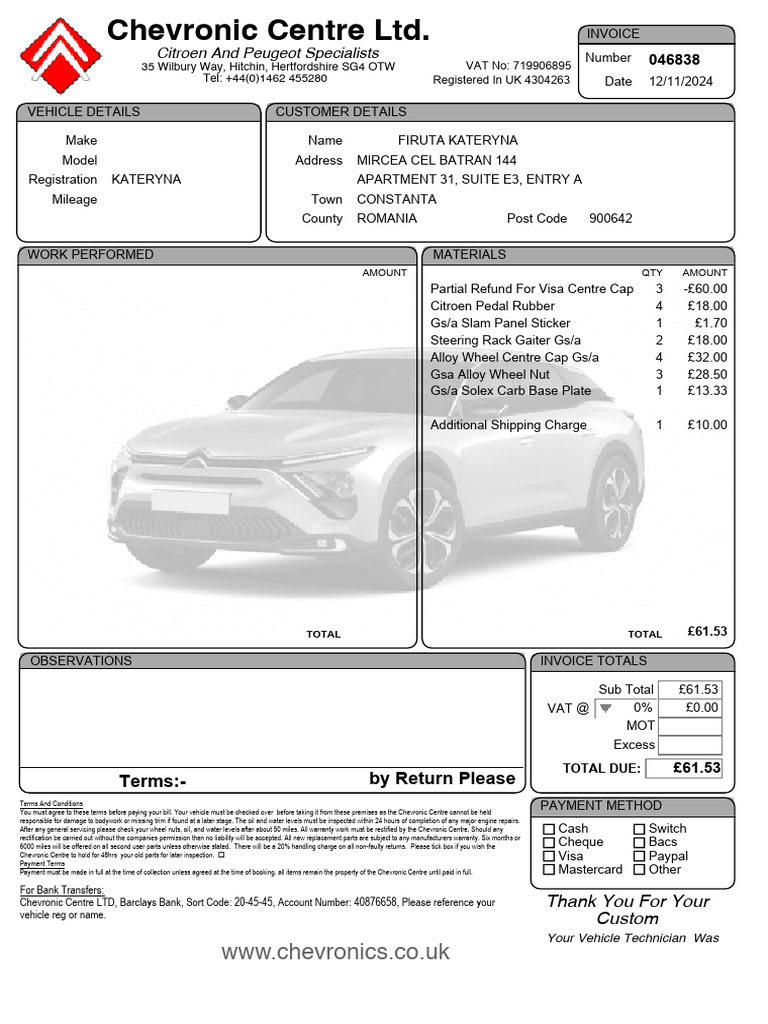 Chevronic Centre Invoice Summary | PDF | Payments | Vehicles