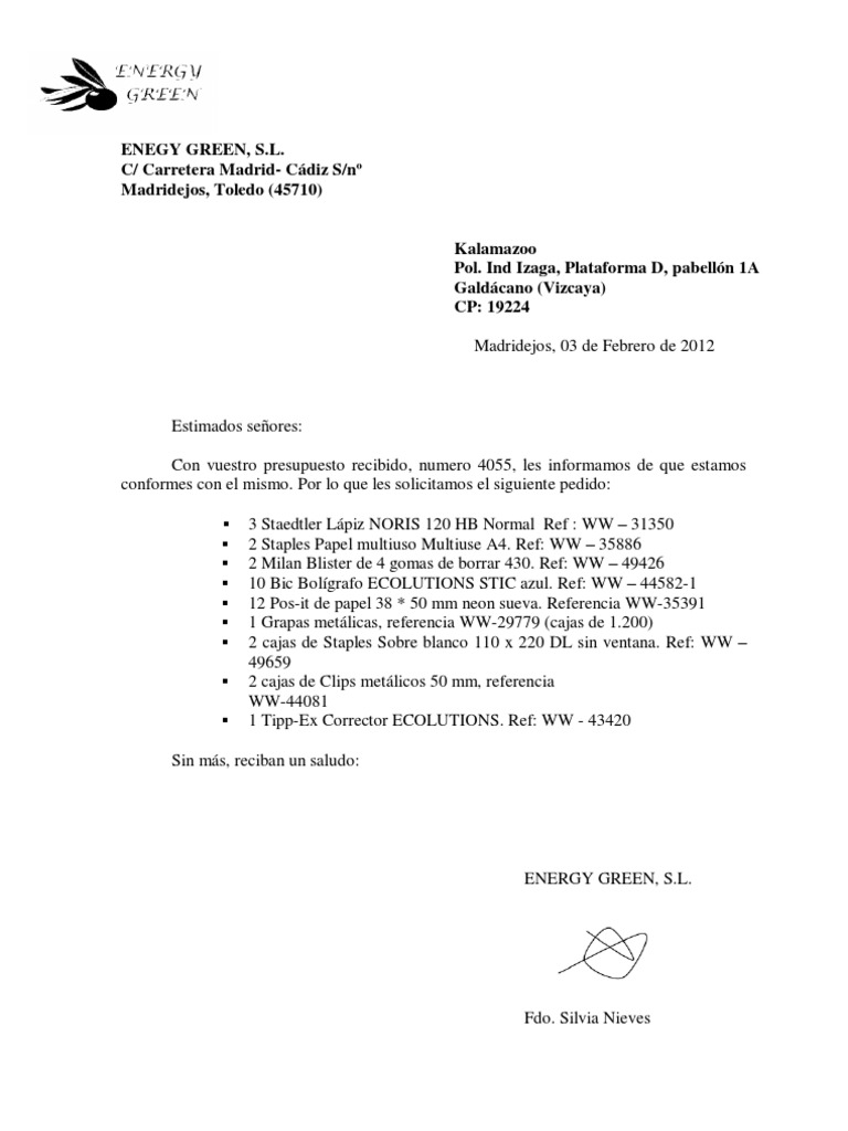 Carta de Pedido Material de Oficina