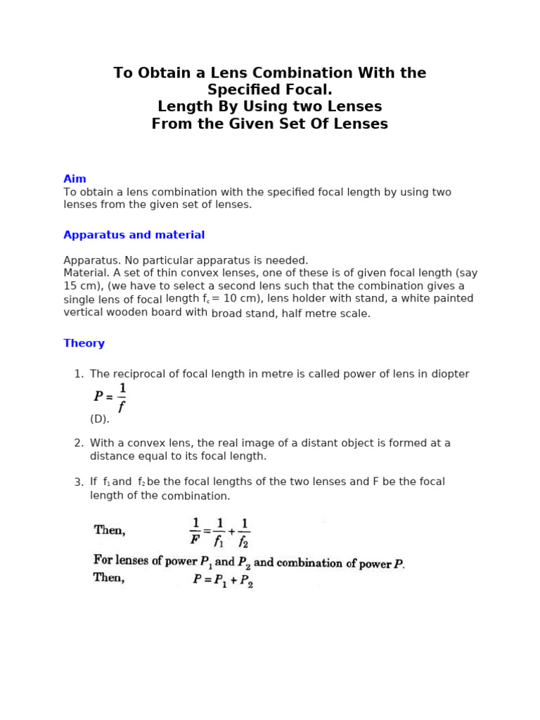 Lens Combination for Specified Focal Length | PDF