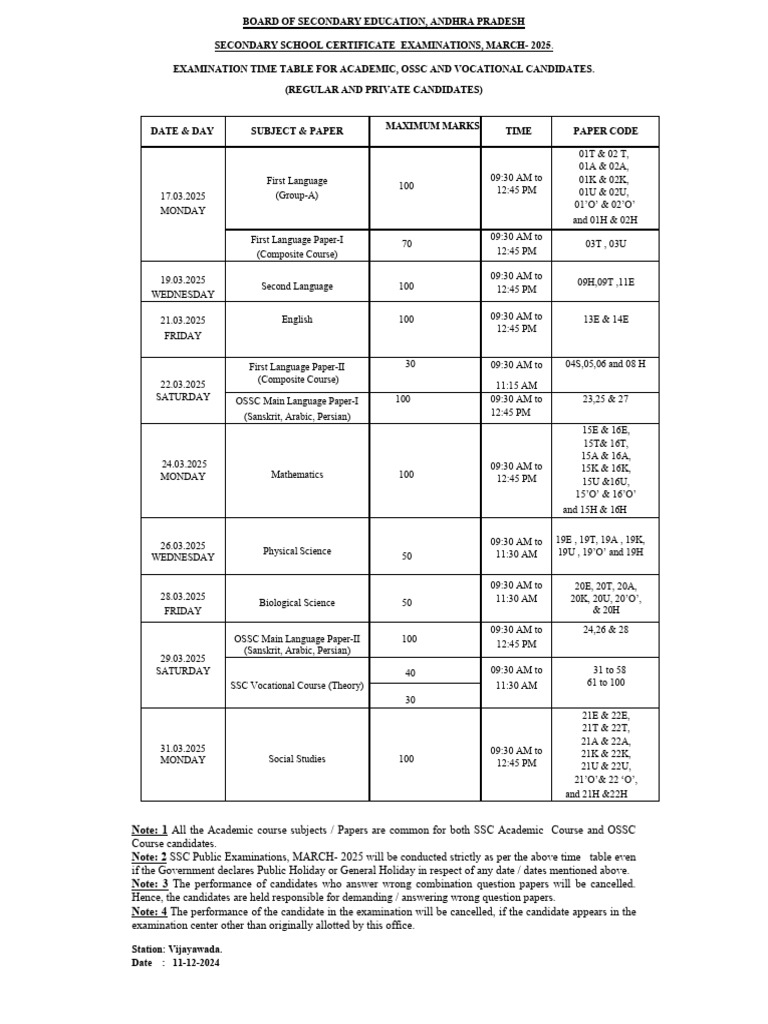 SSC Exam Time Table March 2025 | PDF