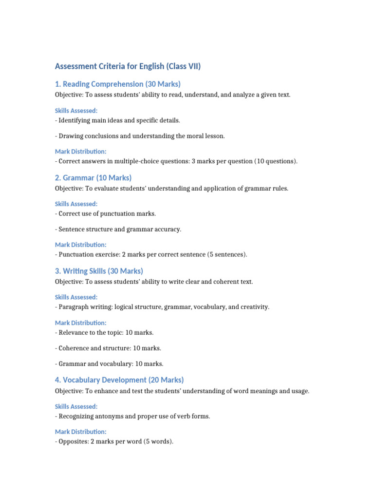 Assessment Criteria Class VI | PDF
