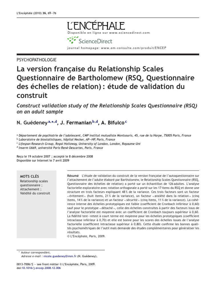 Validation du Questionnaire RSQ en français | PDF | Psychologie | Analyses