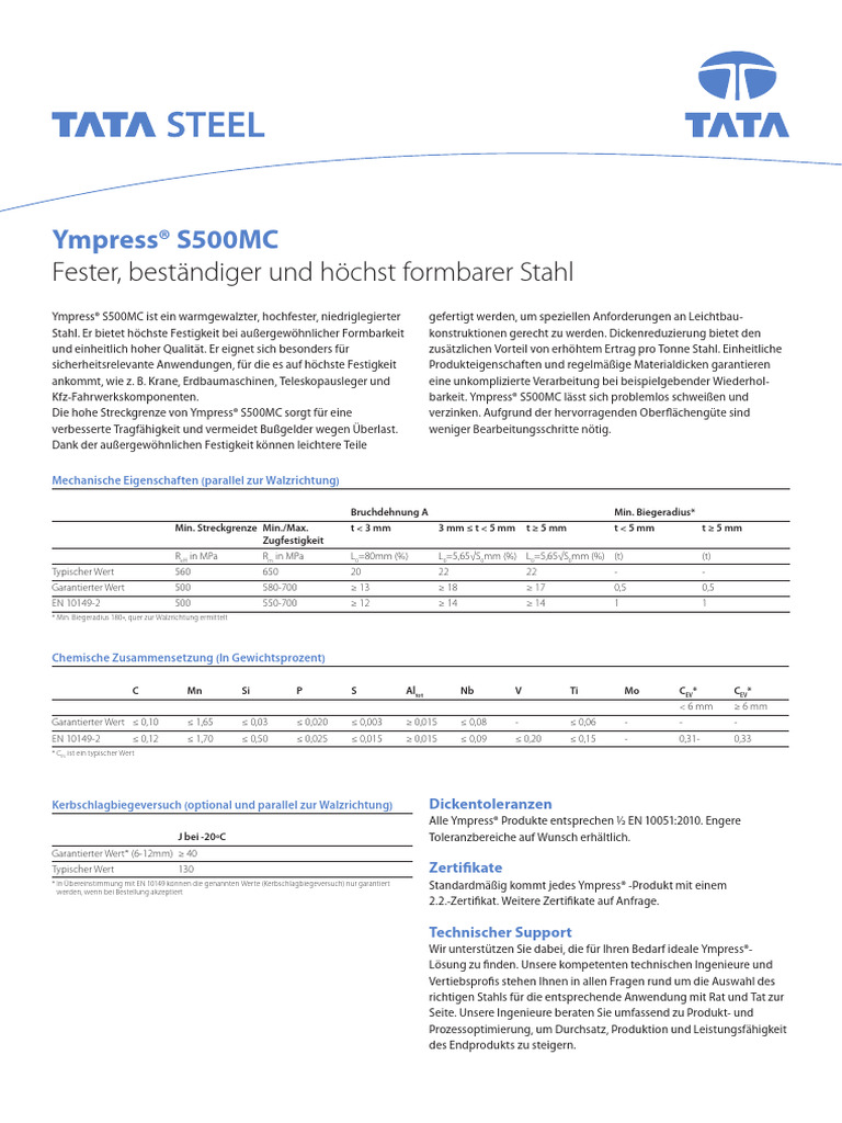 S500MC - Tata Steel Engineering Ympress s500mc Hochfest Stahl ...