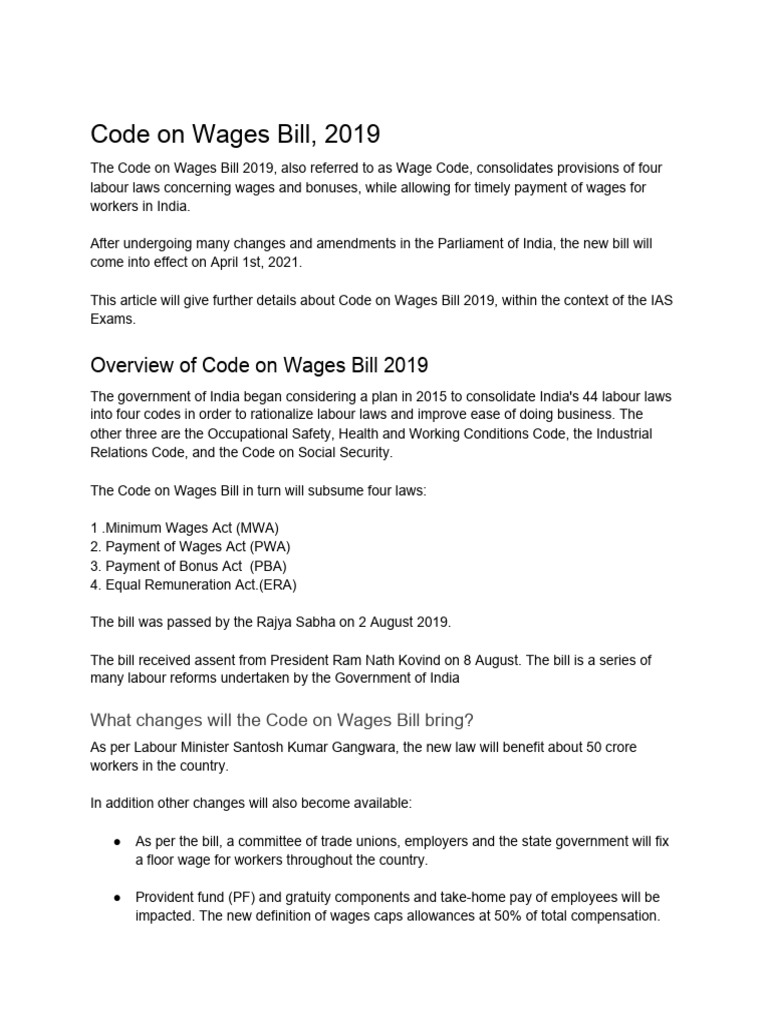 Code on Wages Bill Overview 2019 | PDF | Wage | Employment