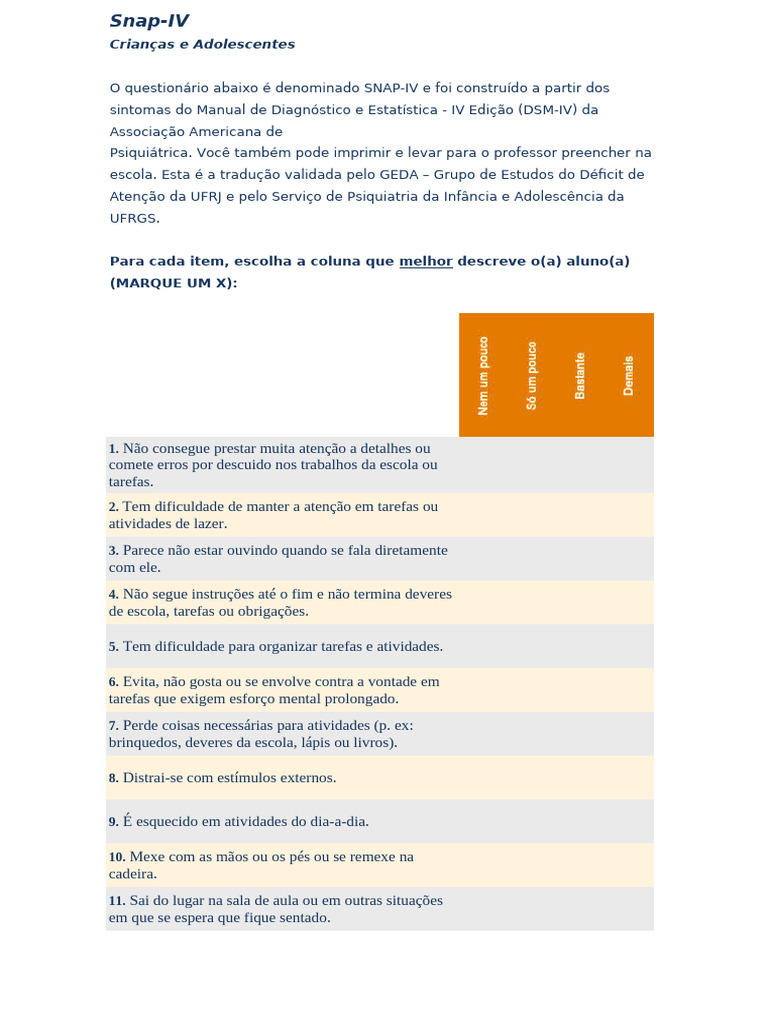 Escala SNAP IV Tdah (1) | PDF | Transtorno de déficit de atenção e ...
