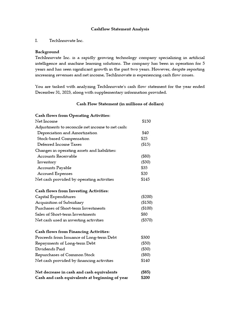 Cash Flow Statement Analysis for TechInnovate, Altex, YARD | PDF | Cash ...
