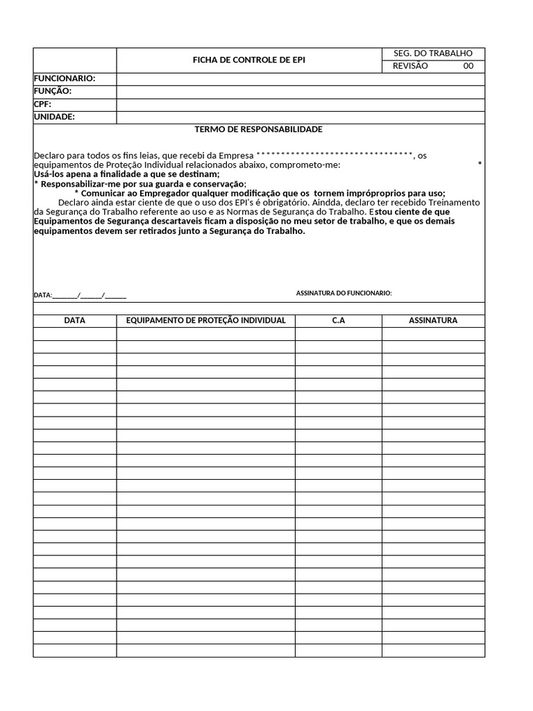 Ficha de Controle de EPI para Funcionários | PDF