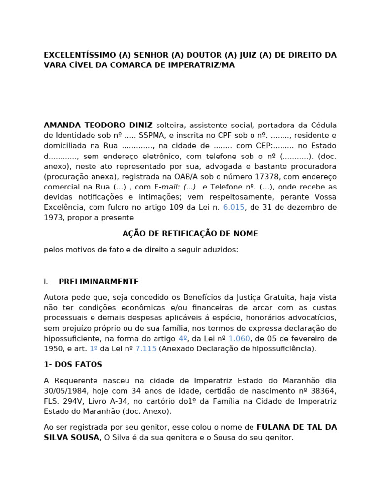 Modelo Acao Retificacao de Nome | PDF | Processo civil | Sobrenome